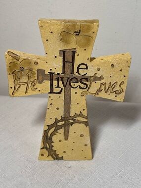 He Lives (front) Love (Back) Decorative Cross - Yellow & Brown Accents